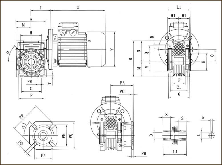 Габаритные и присоединительные размеры NMRV